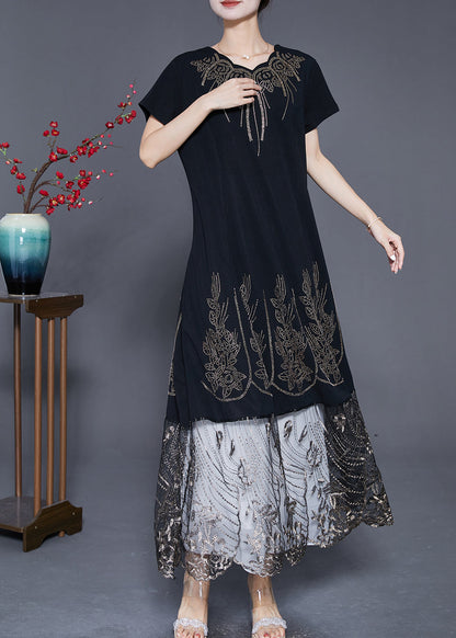 Black Embroideried Tulle Patchwork Zircon Cotton Dress Summer