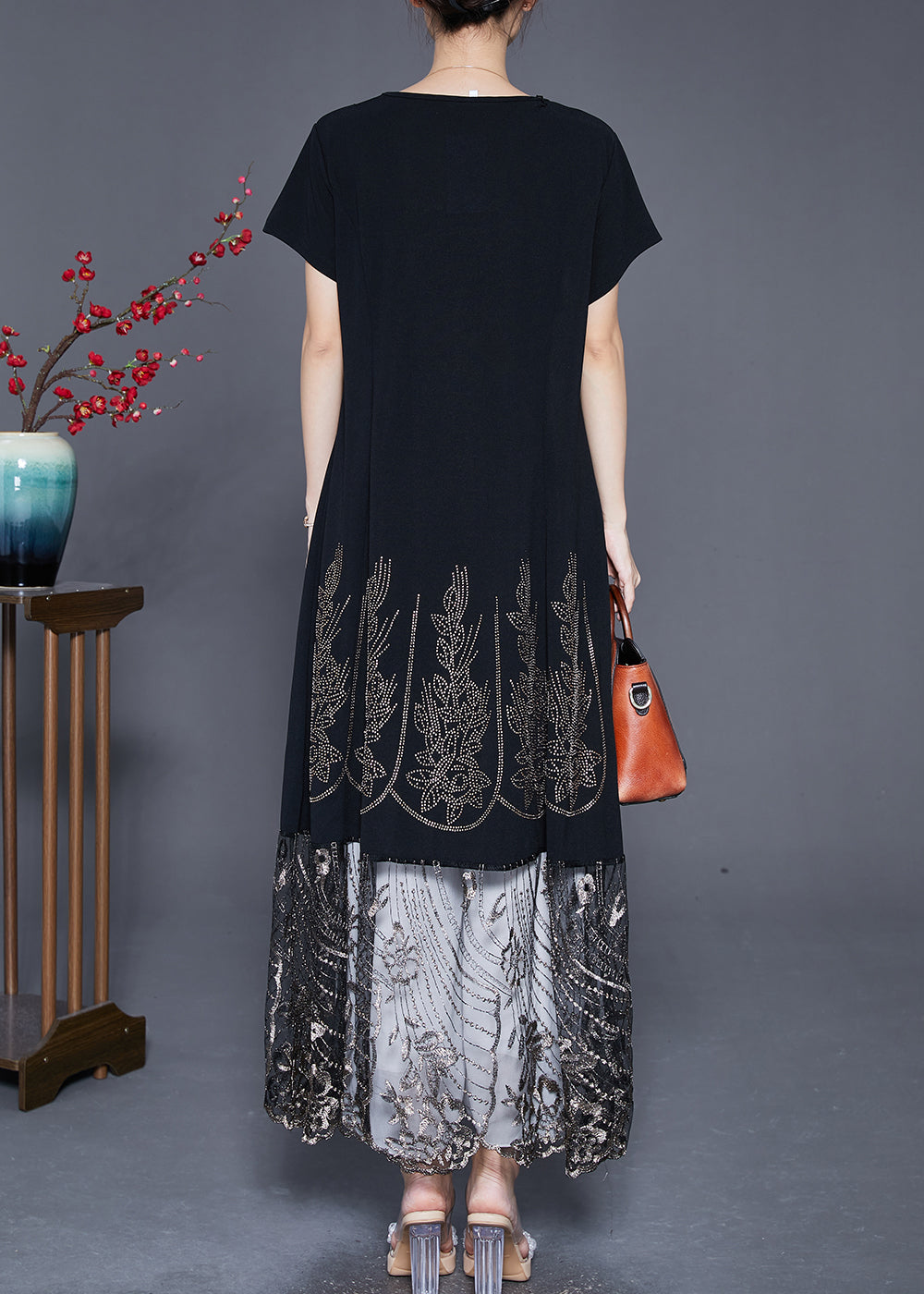 Black Embroideried Tulle Patchwork Zircon Cotton Dress Summer