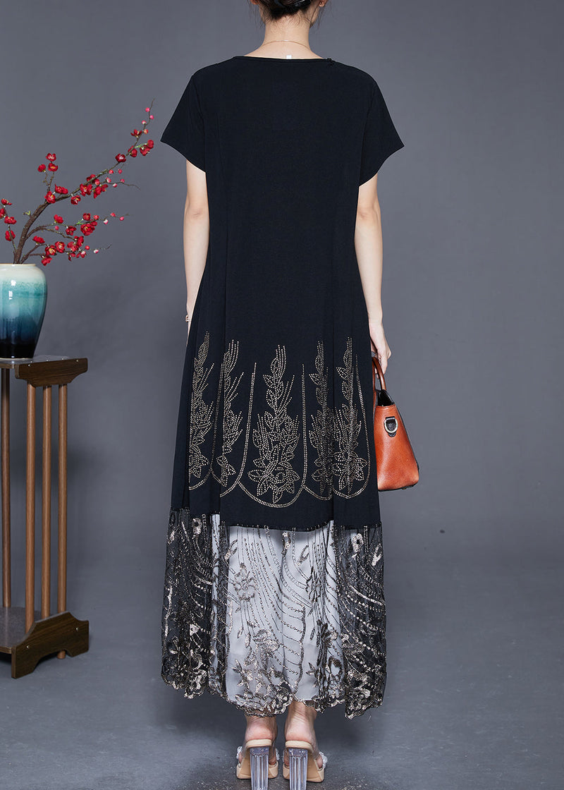 Black Embroideried Tulle Patchwork Zircon Cotton Dress Summer
