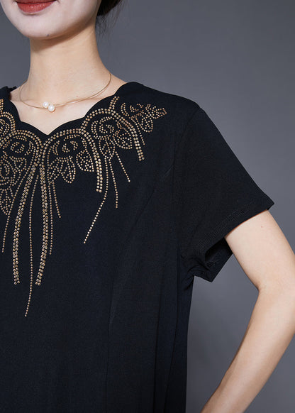 Black Embroideried Tulle Patchwork Zircon Cotton Dress Summer