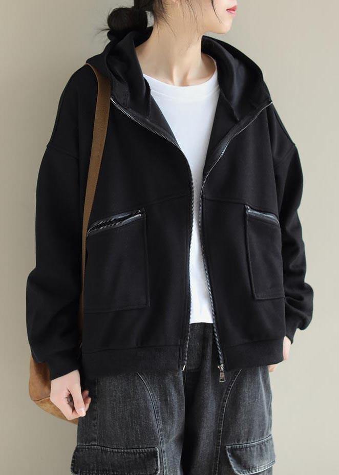 Black Outfit Wardrobes Hooded Zip Up Spring Coats