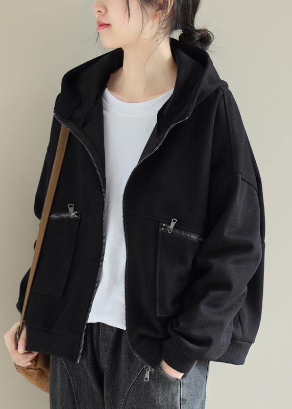 Black Outfit Wardrobes Hooded Zip Up Spring Coats