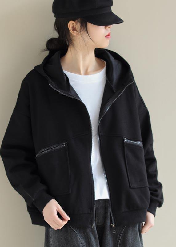 Black Outfit Wardrobes Hooded Zip Up Spring Coats