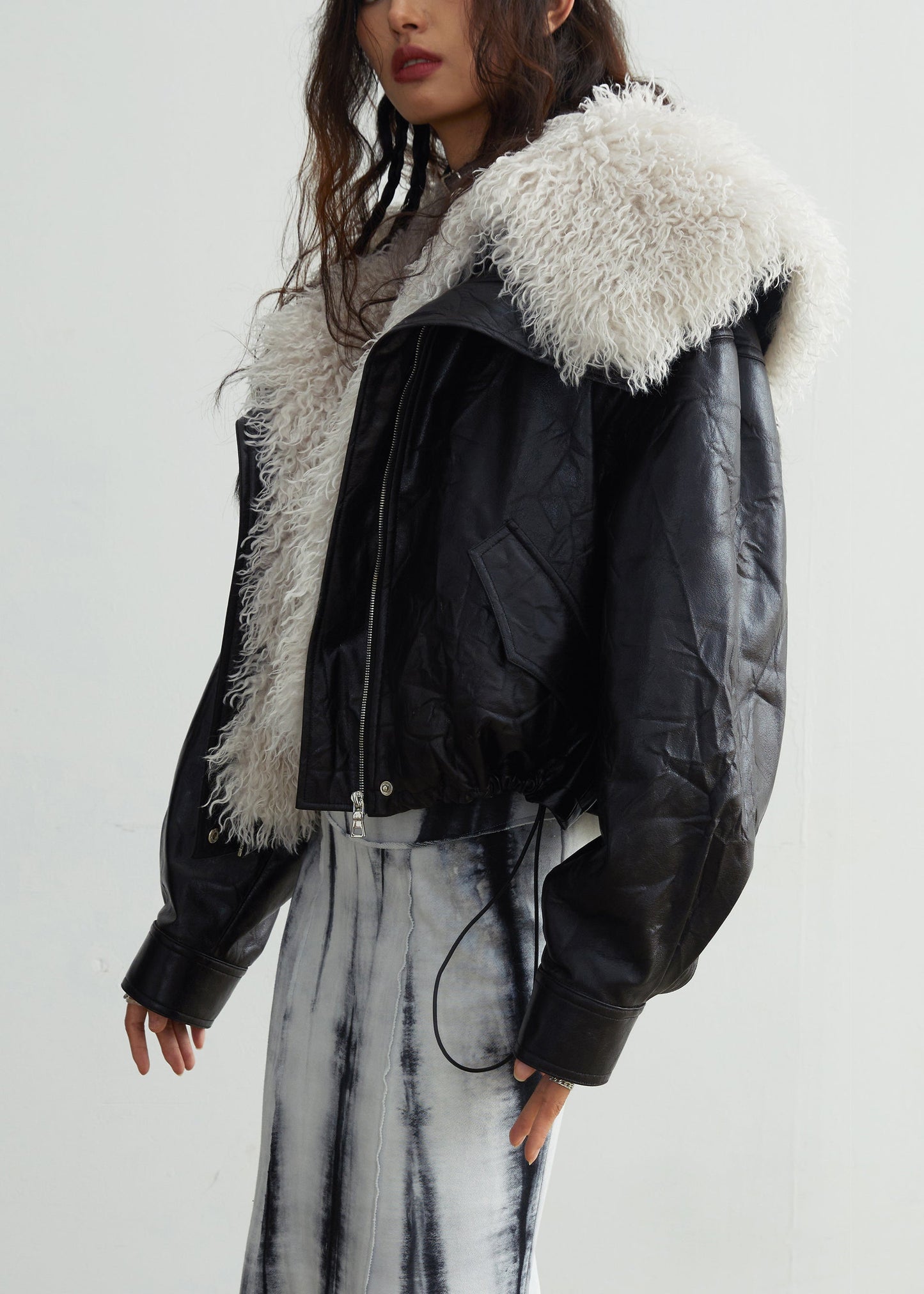 Black Fur Collar Patchwork Detachable Pu Jacket Winter