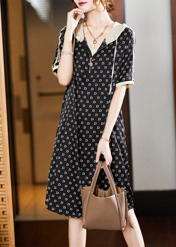 Black Graphic Print Patchwork Neck Tie Hooded Maxi Dresses Short Sleeve