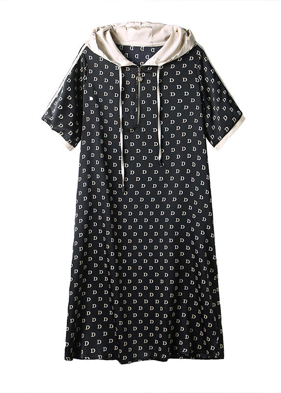 Black Graphic Print Patchwork Neck Tie Hooded Maxi Dresses Short Sleeve