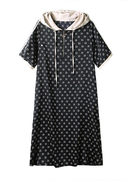 Black Graphic Print Patchwork Neck Tie Hooded Maxi Dresses Short Sleeve