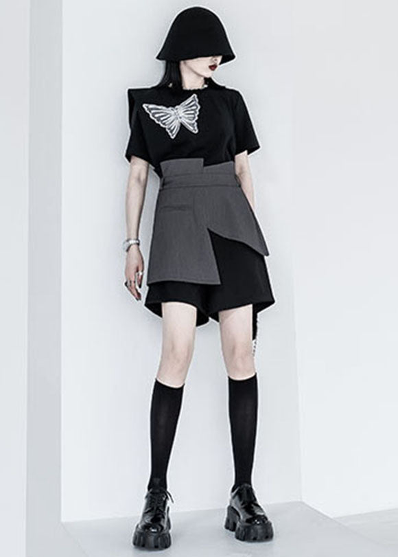 Black Grey Patchwork Asymmetrical Fake Tow Piece Wide Leg Shorts Summer