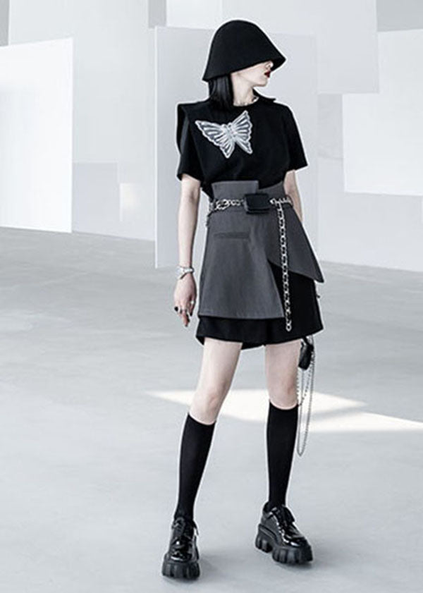 Black Grey Patchwork Asymmetrical Fake Tow Piece Wide Leg Shorts Summer