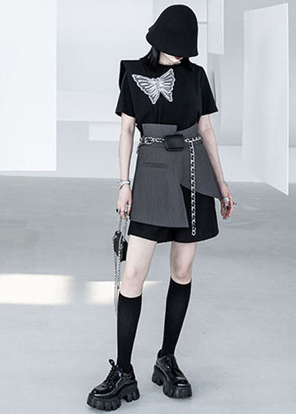 Black Grey Patchwork Asymmetrical Fake Tow Piece Wide Leg Shorts Summer