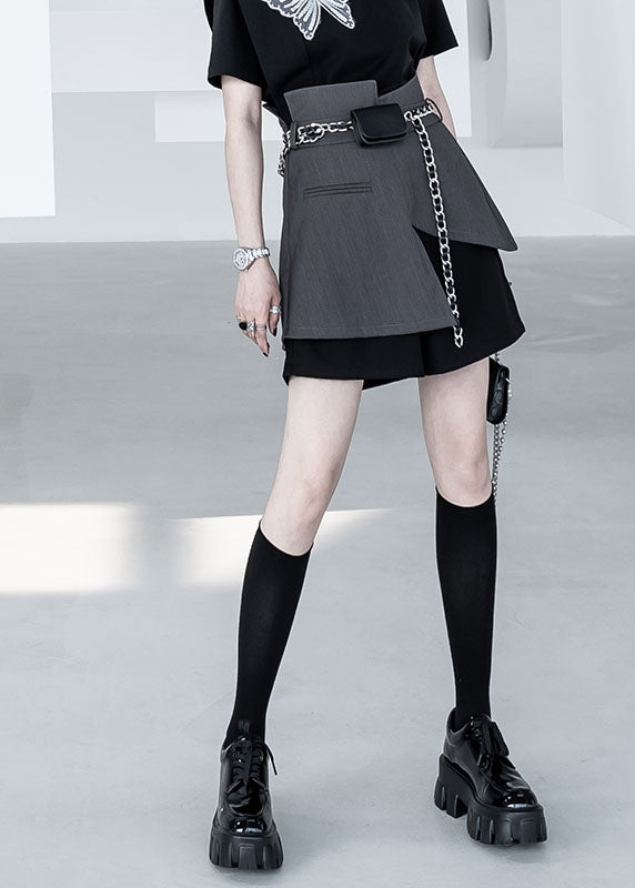 Black Grey Patchwork Asymmetrical Fake Tow Piece Wide Leg Shorts Summer
