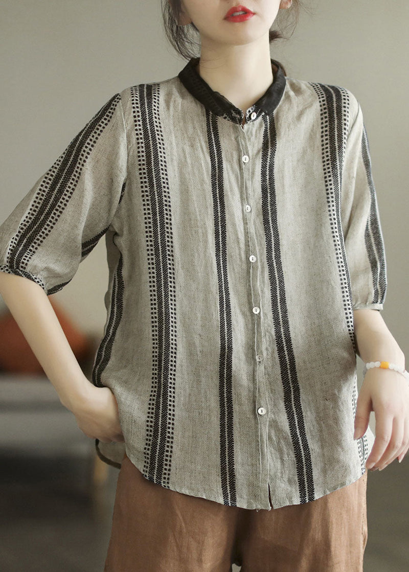 Black Grey Peter Pan Collar Print Patchwork Linen Shirt Top Summer
