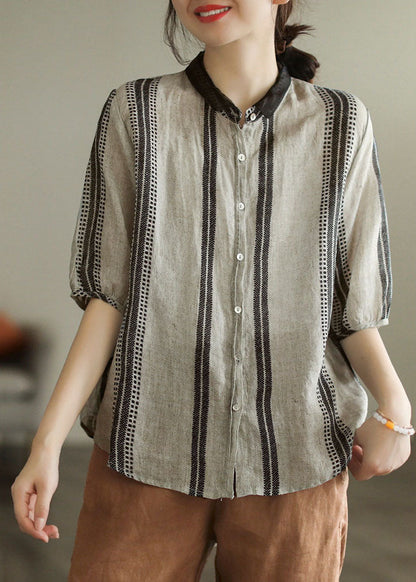 Black Grey Peter Pan Collar Print Patchwork Linen Shirt Top Summer