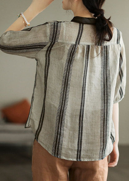 Black Grey Peter Pan Collar Print Patchwork Linen Shirt Top Summer