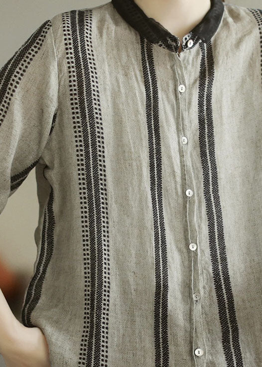 Black Grey Peter Pan Collar Print Patchwork Linen Shirt Top Summer