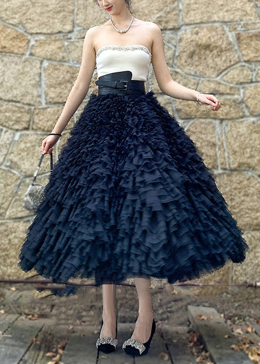 Black High Waist Patchwork Tulle Skirts Spring