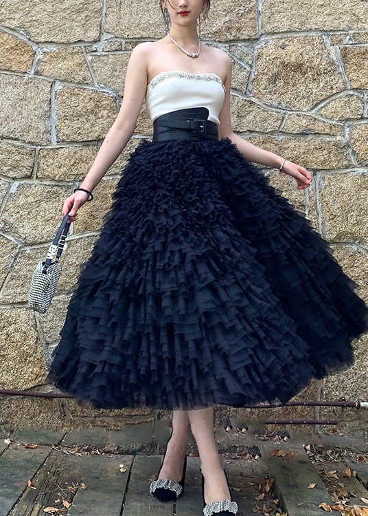 Black High Waist Patchwork Tulle Skirts Spring