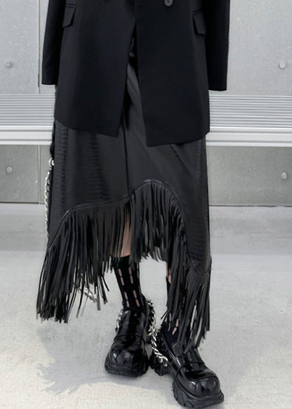 Black High Waist Tassel Patchwork Faux Leather a Line Skirt Fall