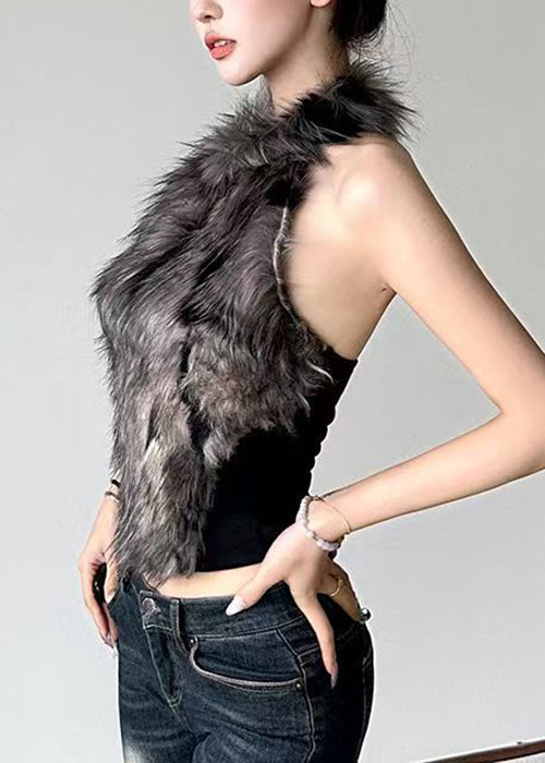 Black Hollow Out Fluffy Patchwork Tanks Sleeveless