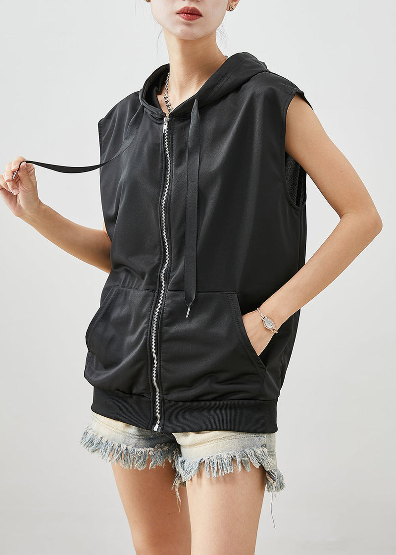 Black Hooded Drawstring Cotton Vest Fall