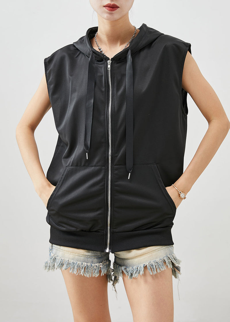 Black Hooded Drawstring Cotton Vest Fall
