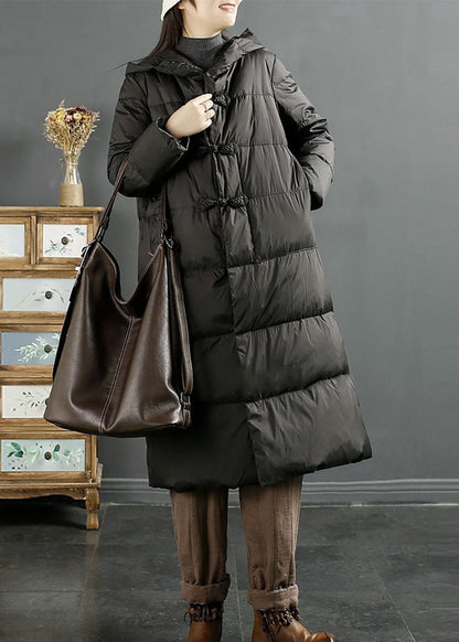Black Hooded Oriental Button Duck Down Puffers Jackets Winter