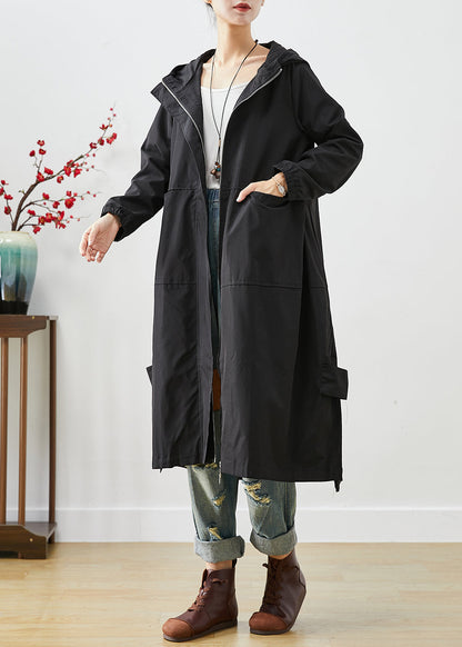 Black Hooded Patchwork Pockets Spandex Coat Outwear Fall
