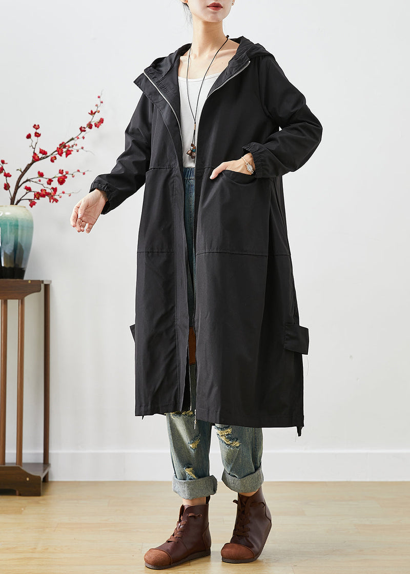 Black Hooded Patchwork Pockets Spandex Coat Outwear Fall