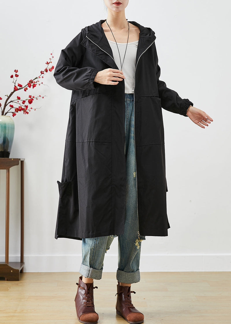 Black Hooded Patchwork Pockets Spandex Coat Outwear Fall