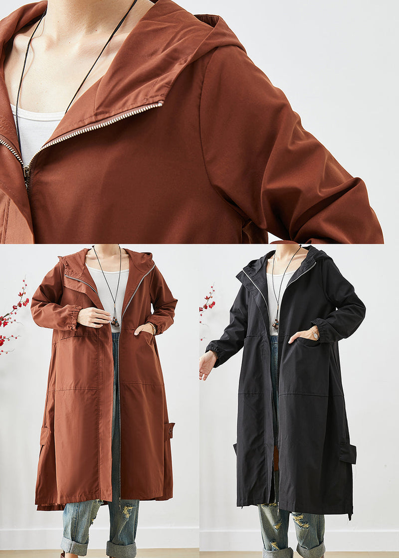 Black Hooded Patchwork Pockets Spandex Coat Outwear Fall