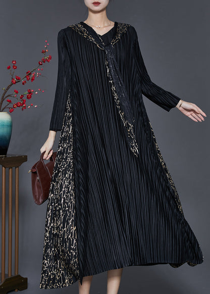 Black Hooded Patchwork Wrinkled Maxi Dresses Spring