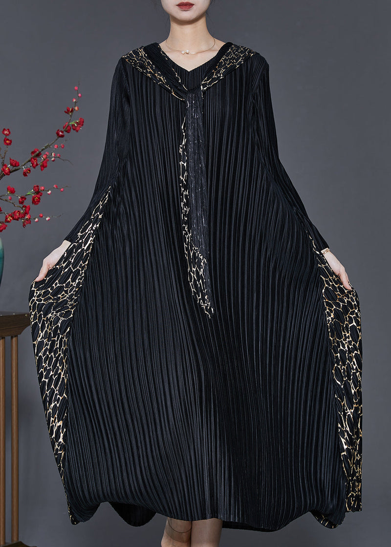 Black Hooded Patchwork Wrinkled Maxi Dresses Spring
