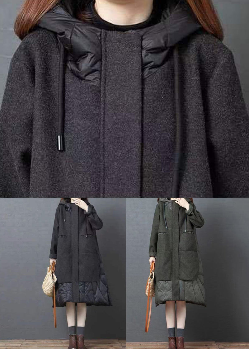 Black Hooded Pockets Patchwork Thick Long Coat Winter