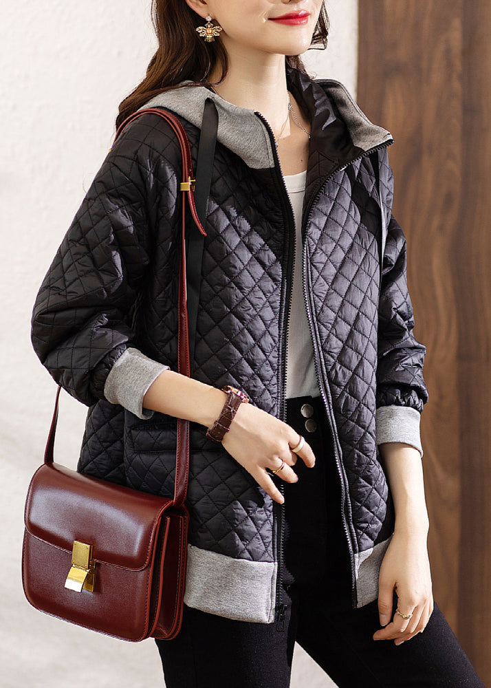 Black Hooded Zippered Patchwork Cotton Coat Winter