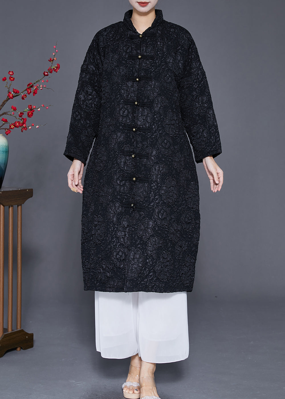 Black Jacquard Chinese Button Fine Cotton Filled Parka Jacket Winter
