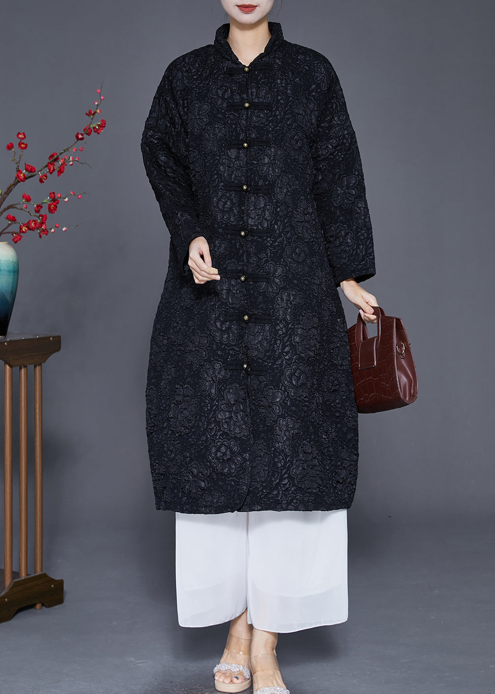 Black Jacquard Chinese Button Fine Cotton Filled Parka Jacket Winter
