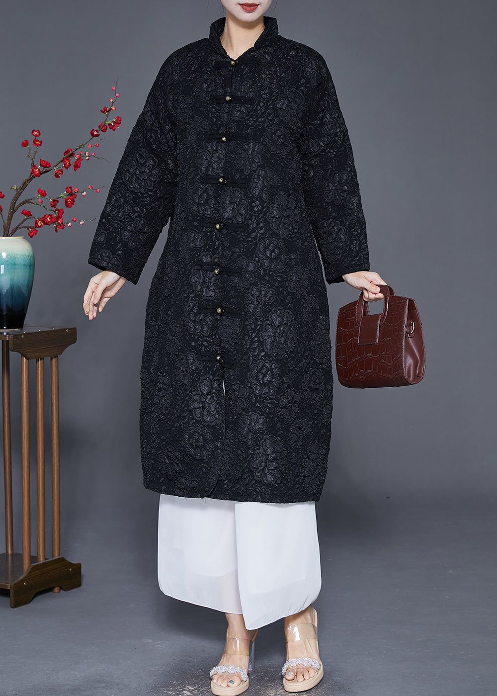 Black Jacquard Chinese Button Fine Cotton Filled Parka Jacket Winter