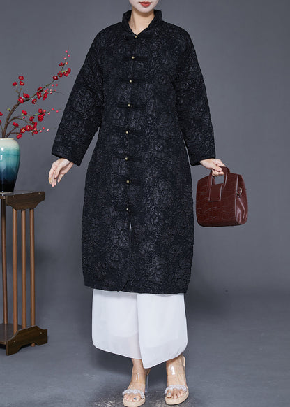 Black Jacquard Chinese Button Fine Cotton Filled Parka Jacket Winter