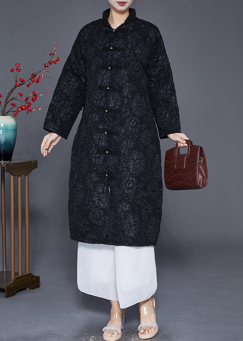 Black Jacquard Chinese Button Fine Cotton Filled Parka Jacket Winter