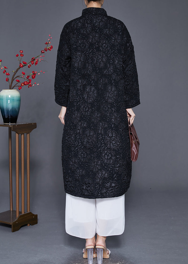 Black Jacquard Chinese Button Fine Cotton Filled Parka Jacket Winter