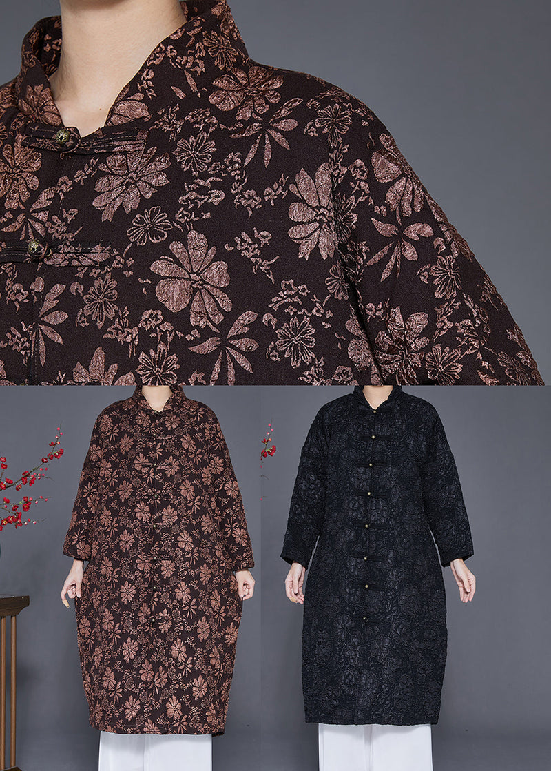 Black Jacquard Chinese Button Fine Cotton Filled Parka Jacket Winter