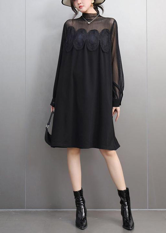 Black Lace Patchwork Tulle Long Dress Spring