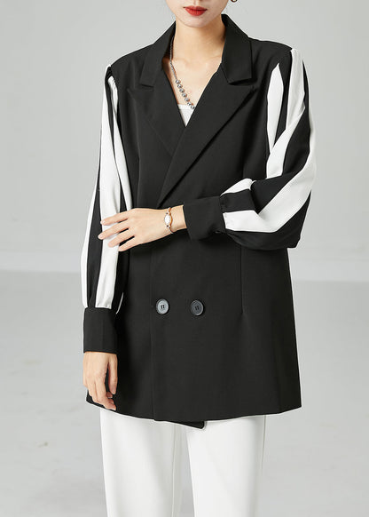 Black Notched Patchwork Double Breast Spandex Coats Spring
