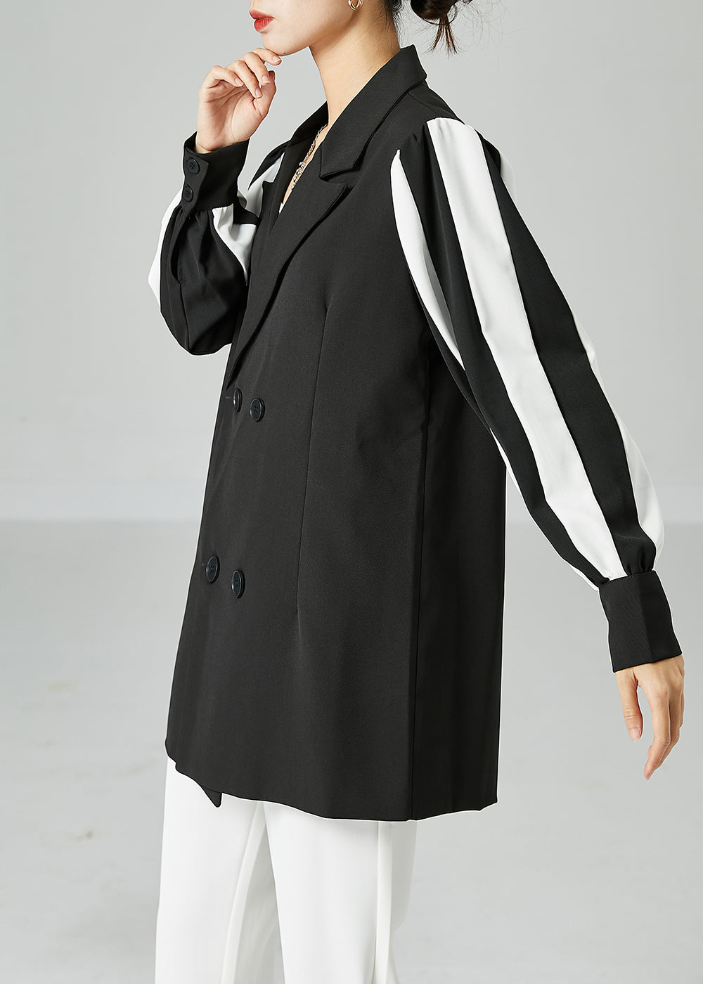 Black Notched Patchwork Double Breast Spandex Coats Spring