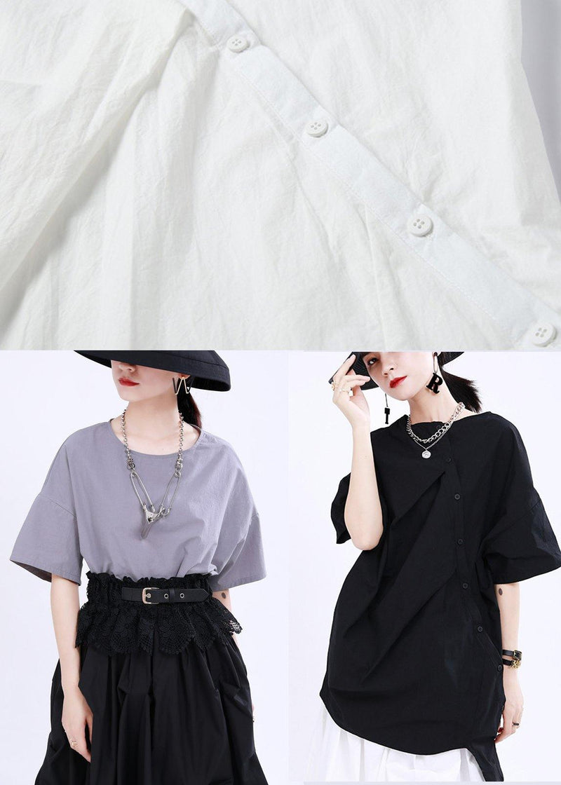 Black O-neck Button Cotton Top Summer