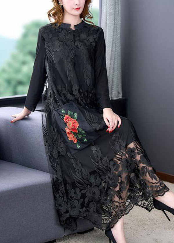 Black O-neck Embroideried Tulle Long Dresses Spring