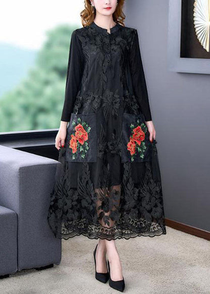 Black O-neck Embroideried Tulle Long Dresses Spring