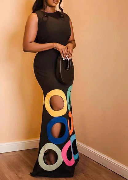 Black O-neck Hollow Out Maxi Dresses Sleeveless