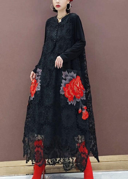 Black O-neck Lace Print Dress Fall