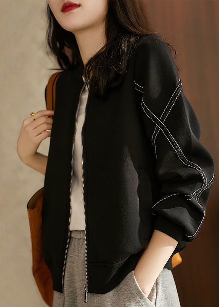 Black O-neck Patchwork Zippered Jackets Long Sleeve